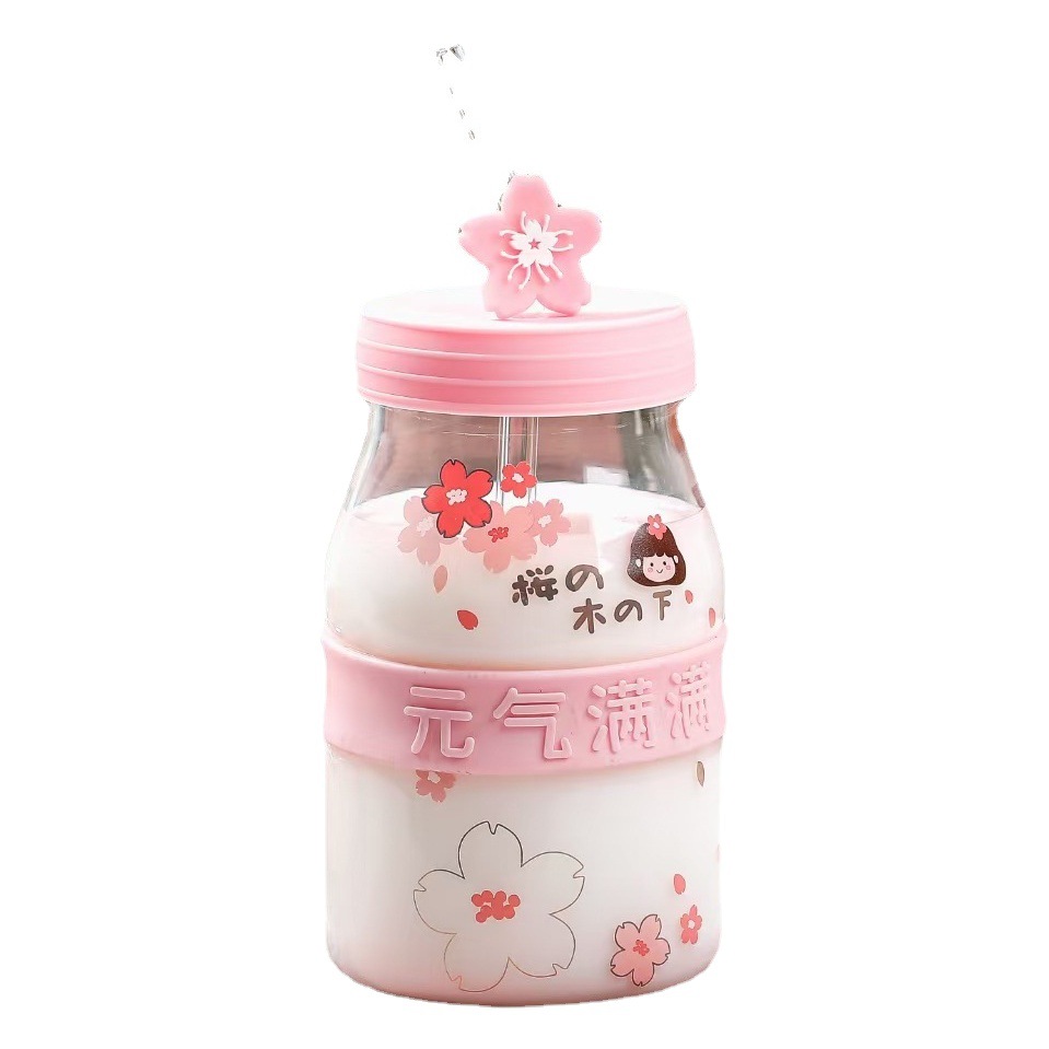 Creativa chica corazón Rosa flor de cerezo chica taza de paja con tapa de vidrio personalizado Oficina taza de leche