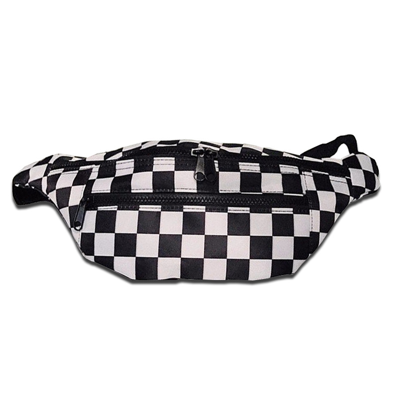 Checkerboard Black And White Plaid Waist Bag For Women Fashion Crossbody Small Bag Canvas Chest Bag Double Zipper