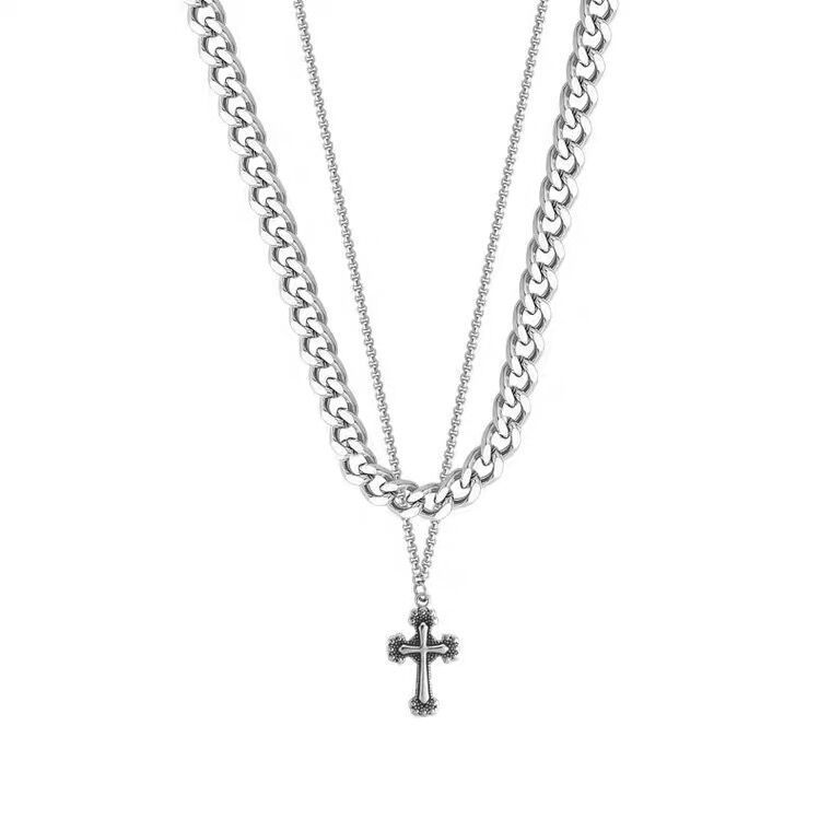 Titanium Steel Hip-Hop Cross Pendant Necklace For Men, Niche Design, Double Layer Stacked Cuban Necklace, Unique_voghion.com