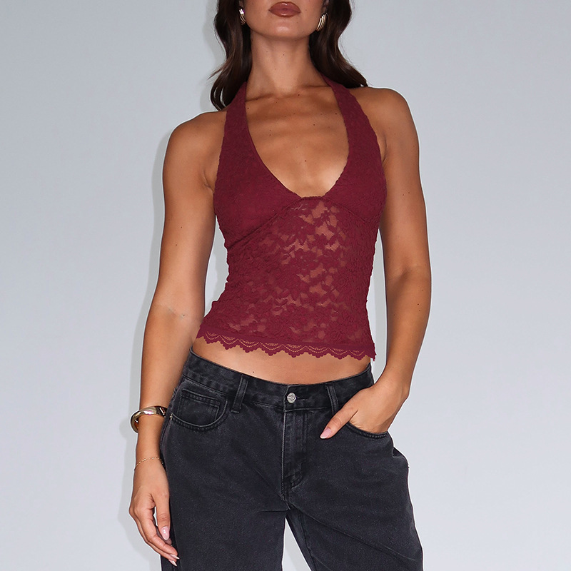 Europa y América ropa de mujer de primavera y verano 2025, nuevos productos de chicas calientes, encaje hueco, chaleco pequeño, sexy, cuello de espalda abierto, mujer image 4