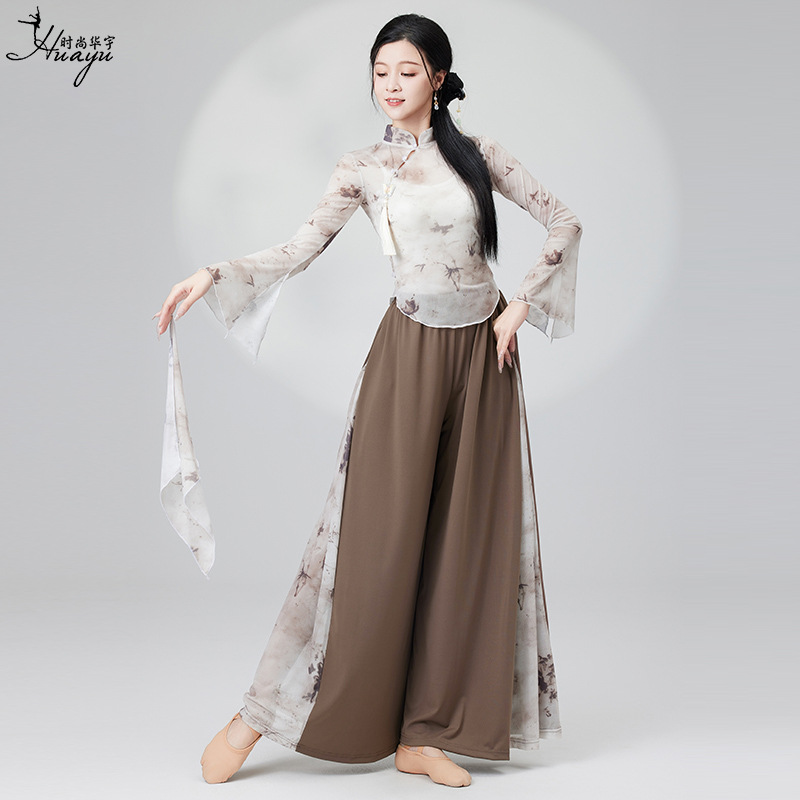Classical dance costume for Chinese dance girls, flowing printed chiffon robe with loose wide-leg dance pants, modern dance performance set
