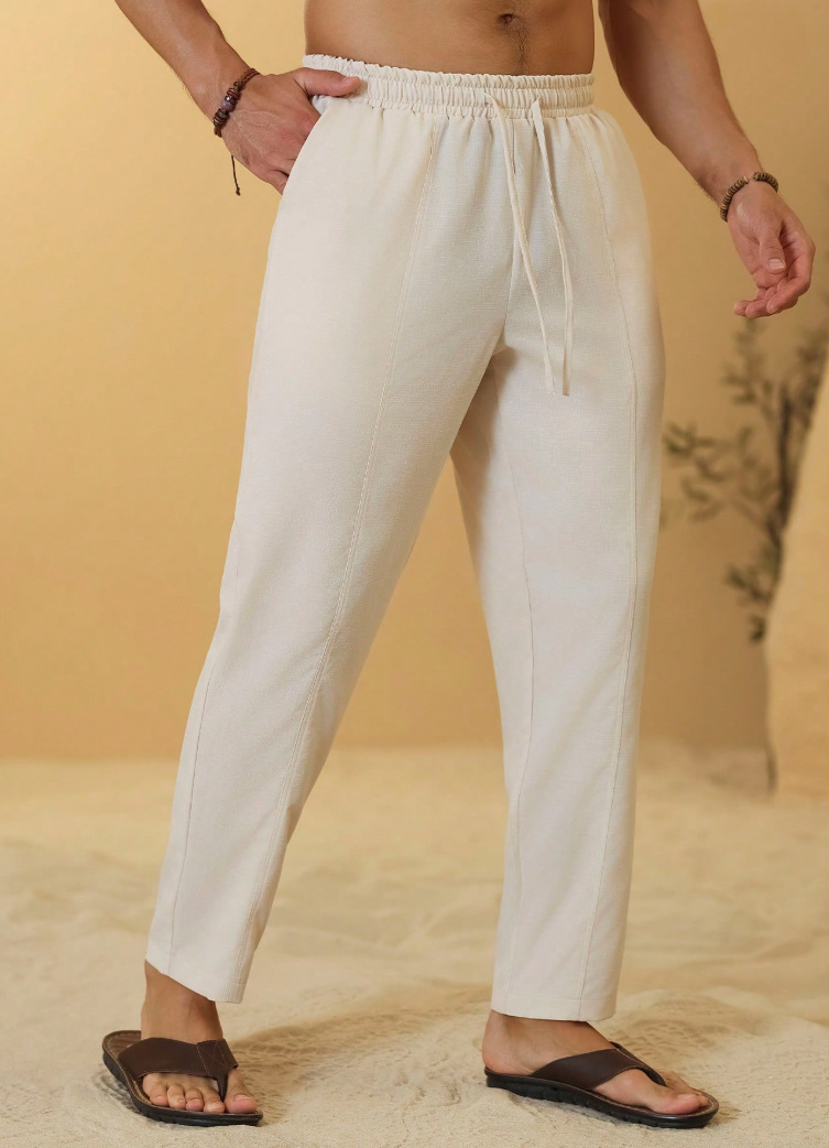 Men's Clothing Men's Linen Casual Trousers Loose Fit Breathable Beach Vacation Style Drawstring Summer For Formal & Casual_viptrois.com