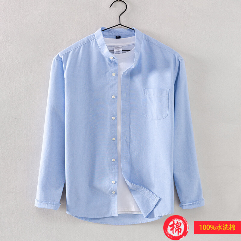 Pure Cotton Shirt Men's Korean Style Fashionable Solid Color Vertical Collar Inner Jacket Spring and Autumn Loose Casual Pocket Shirt Jacket