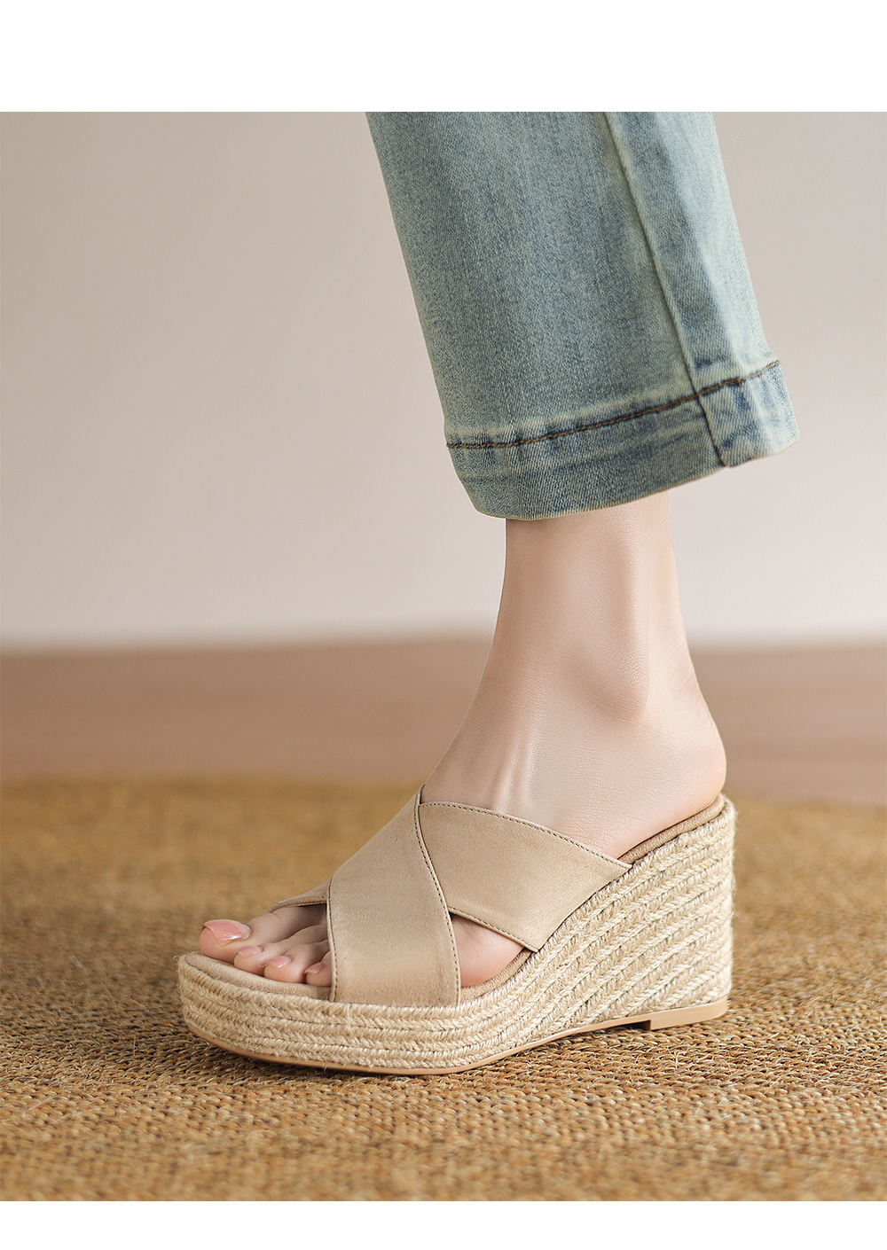 Sandal cao gót nữ quai ngang đế xuồng đan dày — Màu đen chi tiết 5