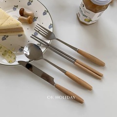 洋食木柄スプーンクリスマス食器セット箸和風ケヤキ木フォーク甘いフォークステンレスナイフフォークスプーン