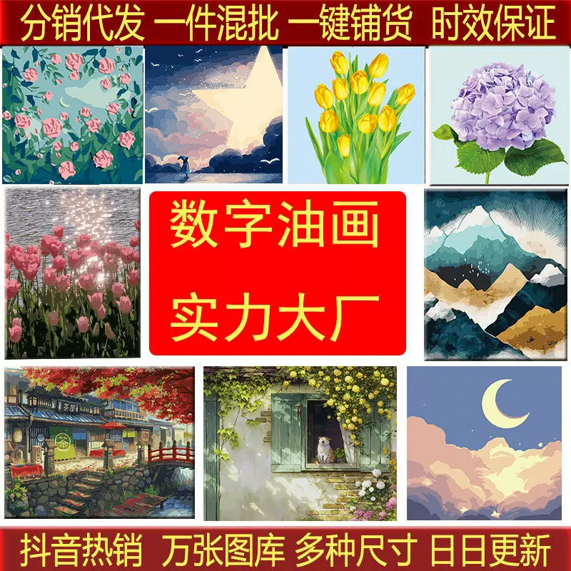 批发diy数字油画抖音热销分销代发郁金香茶屋史迪仔手绘填色画