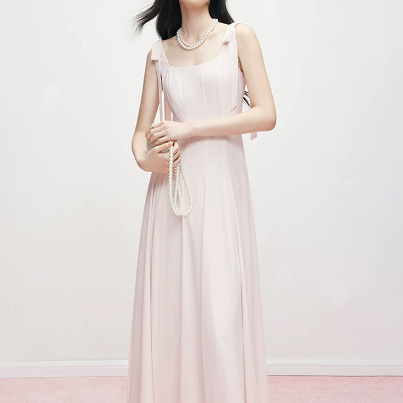 Mandyzha French Romantic Style Bow Square Collar Pink Dress Women's Summer High-End Elegant Long Dress