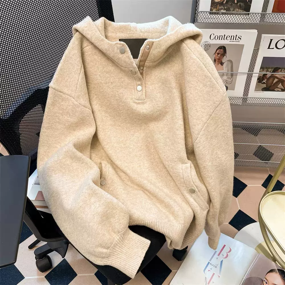 大朗毛衣定制美式连帽毛衣针织衫女冬季慵懒风加厚外穿羊毛外套