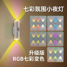 跨境新品双猫眼人体感应灯充电磁吸氛围灯七彩色小型小夜灯口袋灯