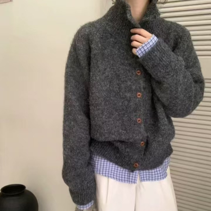 慵懒风翻领纯色针织开衫外套时尚百搭秋冬新款韩系减龄毛衣上衣女|undefined