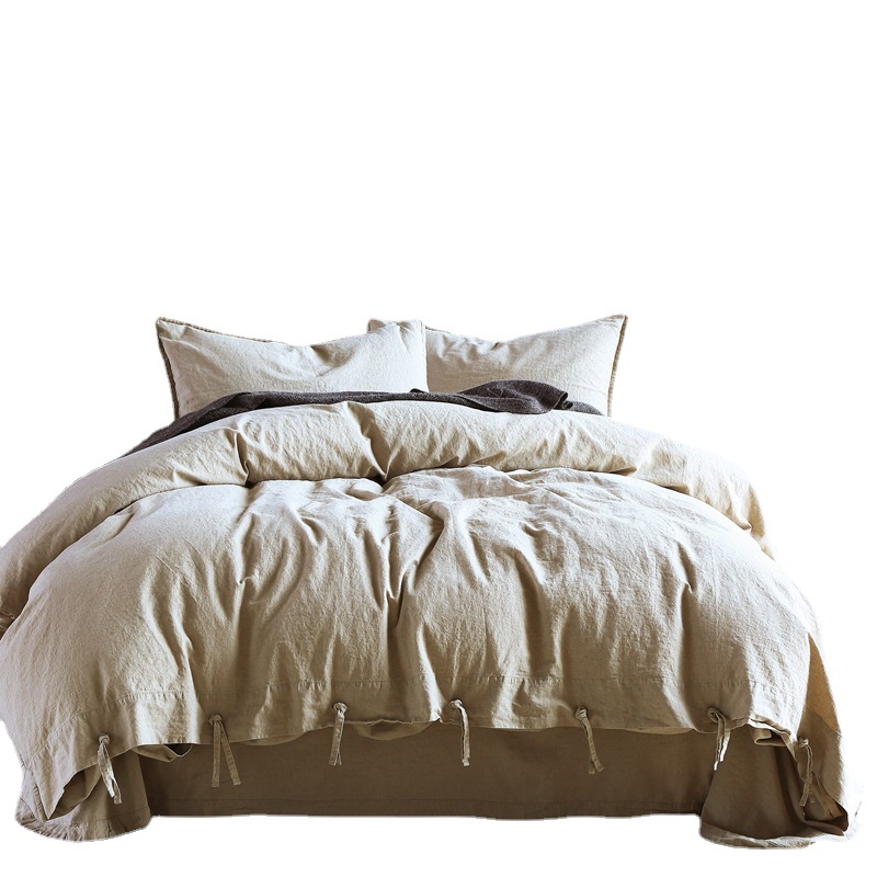 亚马逊高端纯色亚麻四件套床品欧美棉麻混纺蝴蝶结被套床单夏外贸