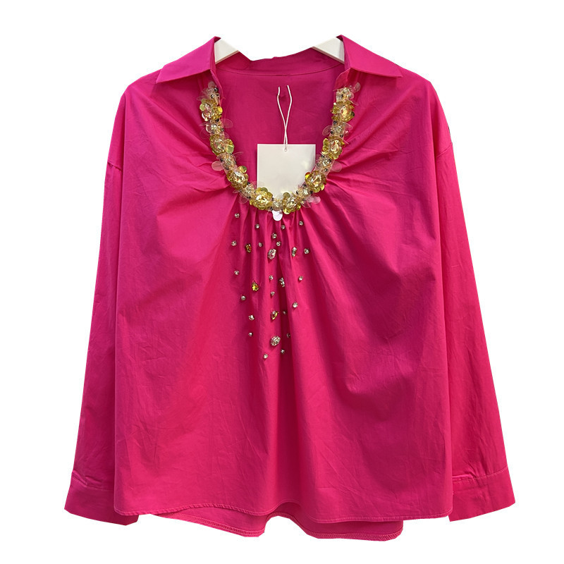French Socialite 2024 Autumn New Small Style Golden Sequins Beaded Collar Heavy Industry Loose Pullover Shirt Shirt