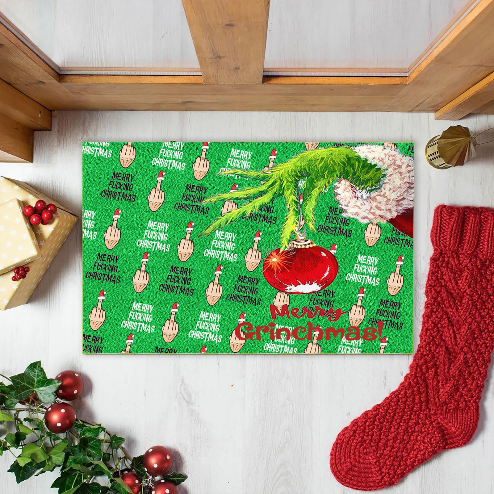 En stock Grinch alfombra del piso transfronterizo alfombra de Navidad alfombra de puerta de vacaciones verde payaso alfombra del piso