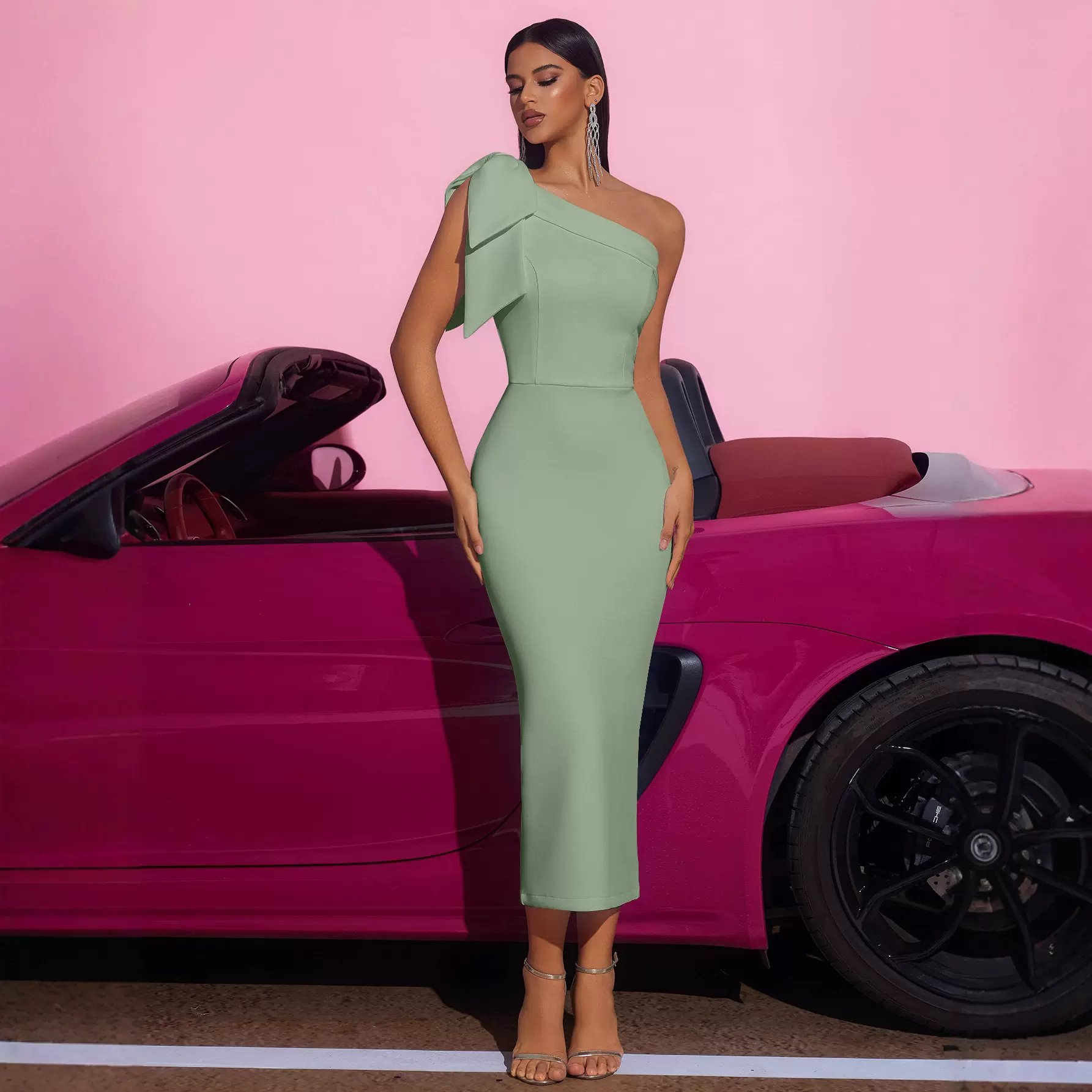 跨境新款轻奢缎面单肩装饰高级感连衣裙 修身优雅宴会派对晚礼服