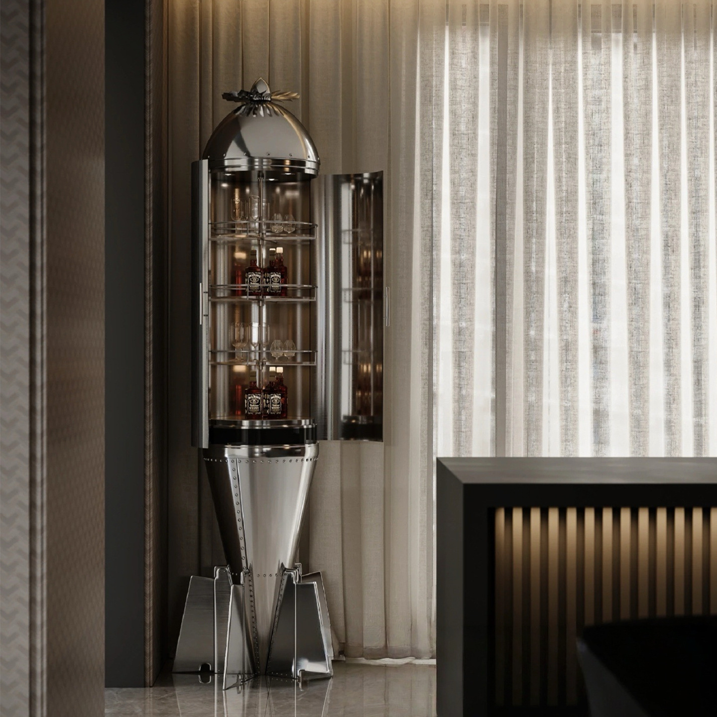 Light Luxury Stainless Steel Wine Cabinet Villa Home Living Room Designer Storage Cabinet Art Glass Rocket-Shaped Display Cabinet