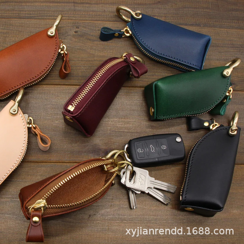 Vintage Men's Leather Zipper Car Key Case, Handmade Leather Home-Use Horseshoe Buckle Waist-Hanging Zipper Key Pouch
