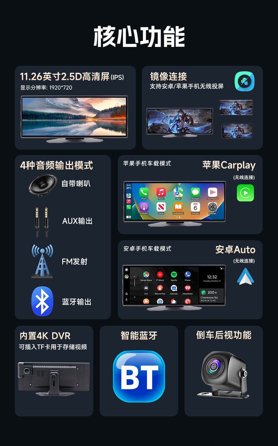 11.26inch Carplay Car Smart Screen Pnd Driving Recorder Reversing Rear View Mobile Phone Screen Projection Navigator