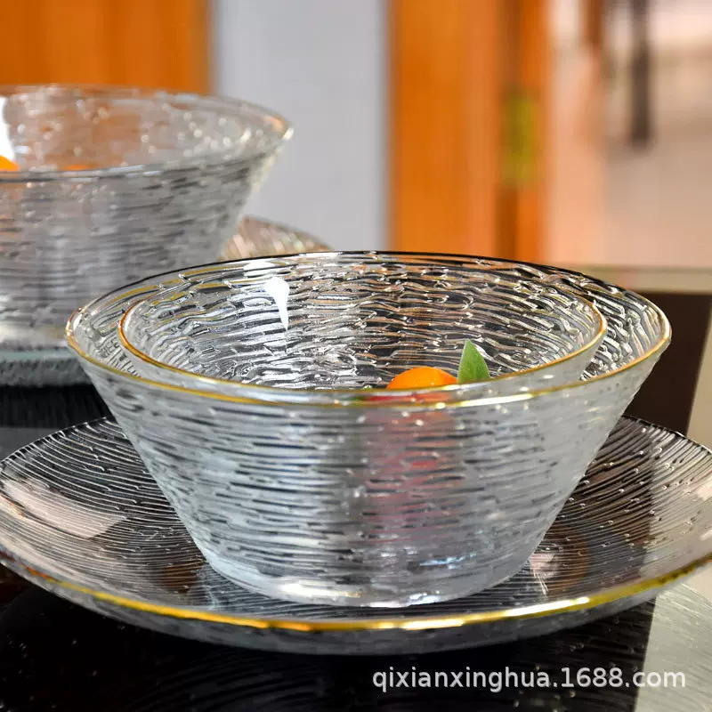 锤目纹金边玻璃沙拉碗加厚大号耐热碗描金简约透明家用汤碗水果碗