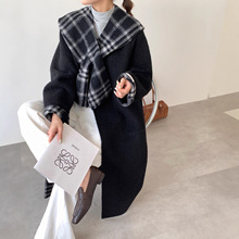 学院风撞色格子披肩双面羊绒大衣女长款冬时尚宽松减龄羊驼绒外套
