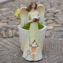 创意小鸟屋 天使女孩带花盆雕像 适用家居阳台户外花园庭院装饰