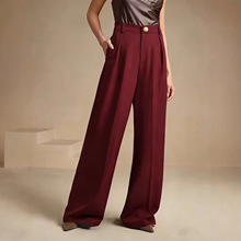 女士高腰优雅阔腿裤 - 纯色西装拉链长裤，四季百搭宽腿裤，舒适