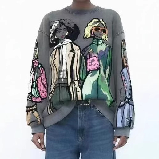 Cross-Border Amazon Women's Clothing Export Autumn and Winter European and American Casual Loose Girl Pattern Printed T-Shirt Sweatshirt M3029