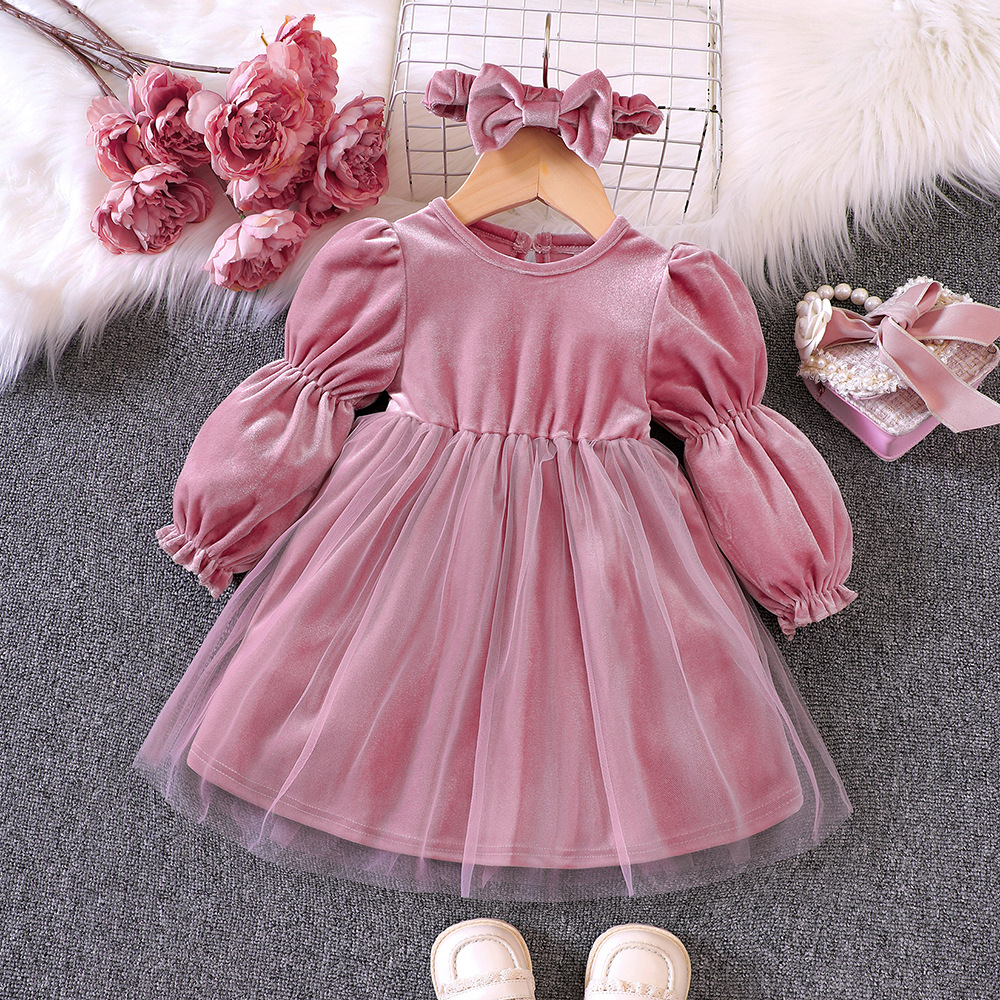 Vêtements EW, nouveaux produits pour bébés et enfants, robe à manches lanternes en velours pour filles automne et hiver Q1121-A_voghion.com