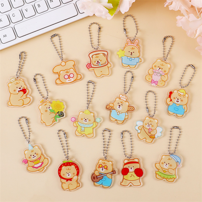 漫画クリームイエローベアアクリルペンダントかわいいキーホルダーウェーブビーズチェーン小さなペンダントスクールバッグペンダントジュエリー|undefined