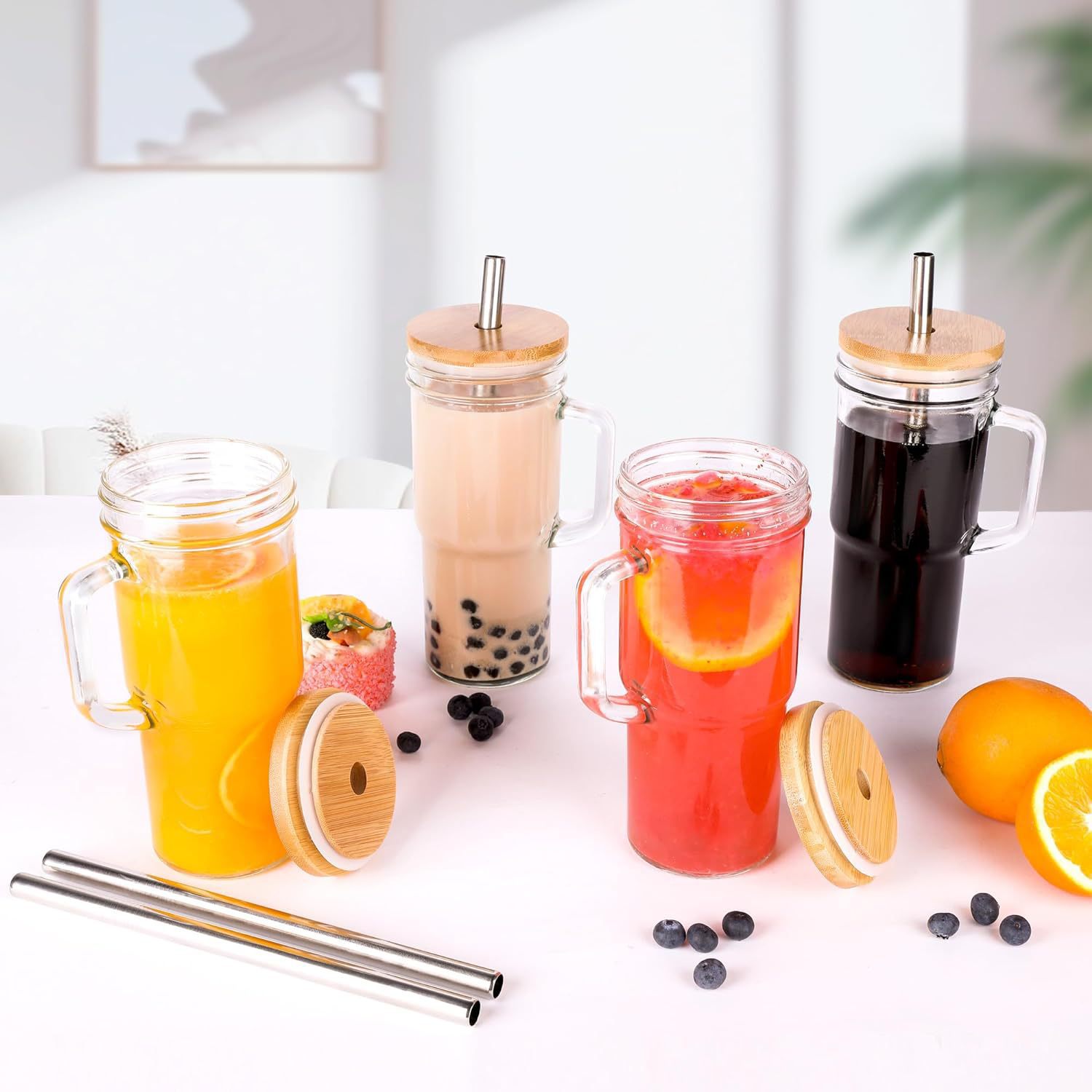 24oz车载梅森杯把手杯奶茶木盖饮料杯冰霸杯啤酒杯玻璃水杯
