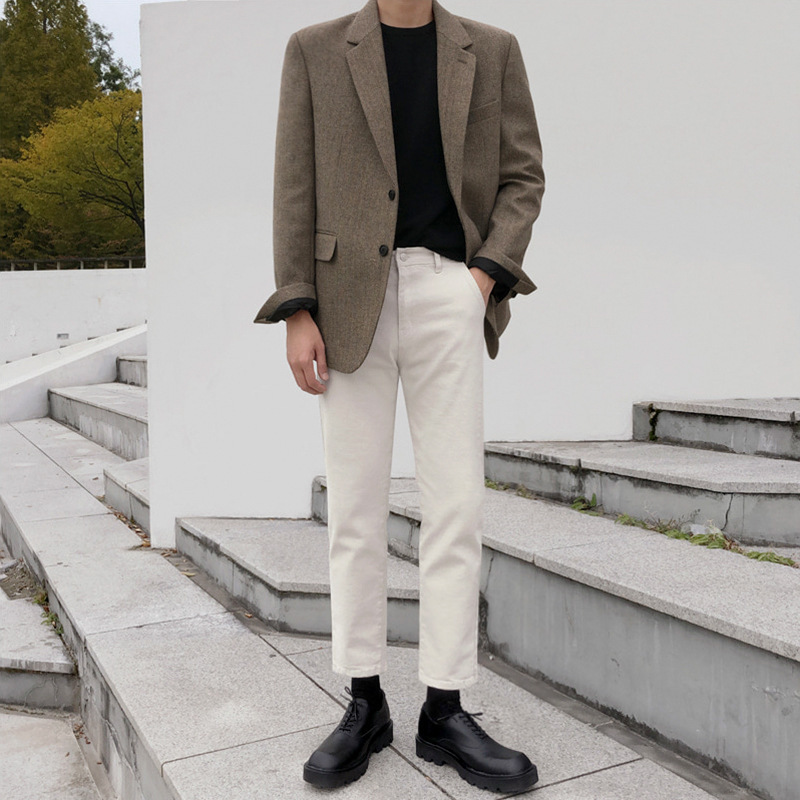 [Big Sale] Suit Top Men's Korean Style Casual Wear Autumn and Winter Thick Herringbone Woolen Tops Small Suit