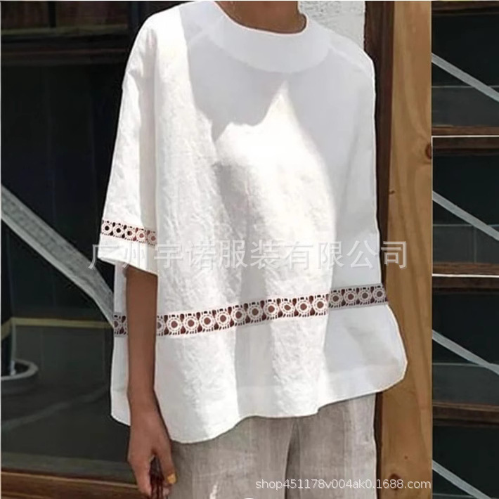 Amazon deseo AliExpress 2023 nuevas mujeres europeas y americanas de algodón Lino encaje costura camisa casual