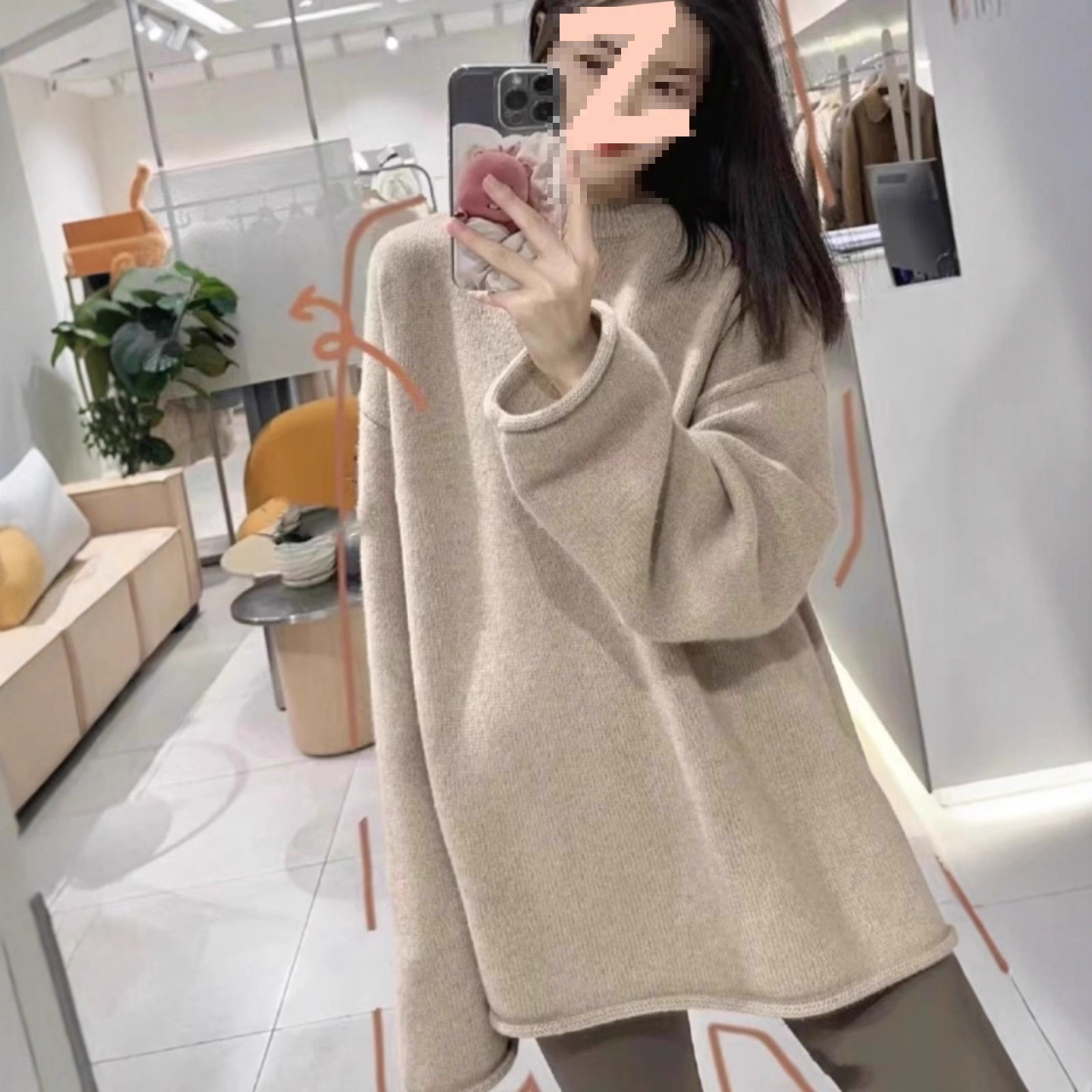 秋冬圆领羊绒衫女加厚宽松慵懒风毛衣中长款遮屁股羊毛针织打底衫