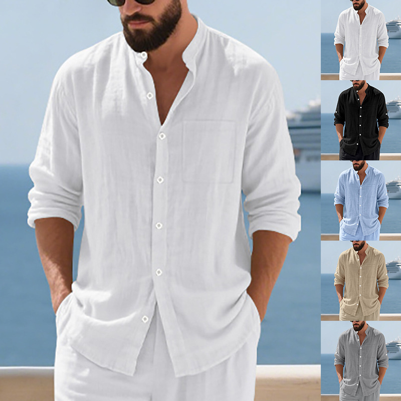 Cross-Border Men's Clothing Amazon Autumn Linen Shirt Men's Beach Casual Button-Down Stand-Up Collar Cardigan Long-Sleeved Shirt for Men