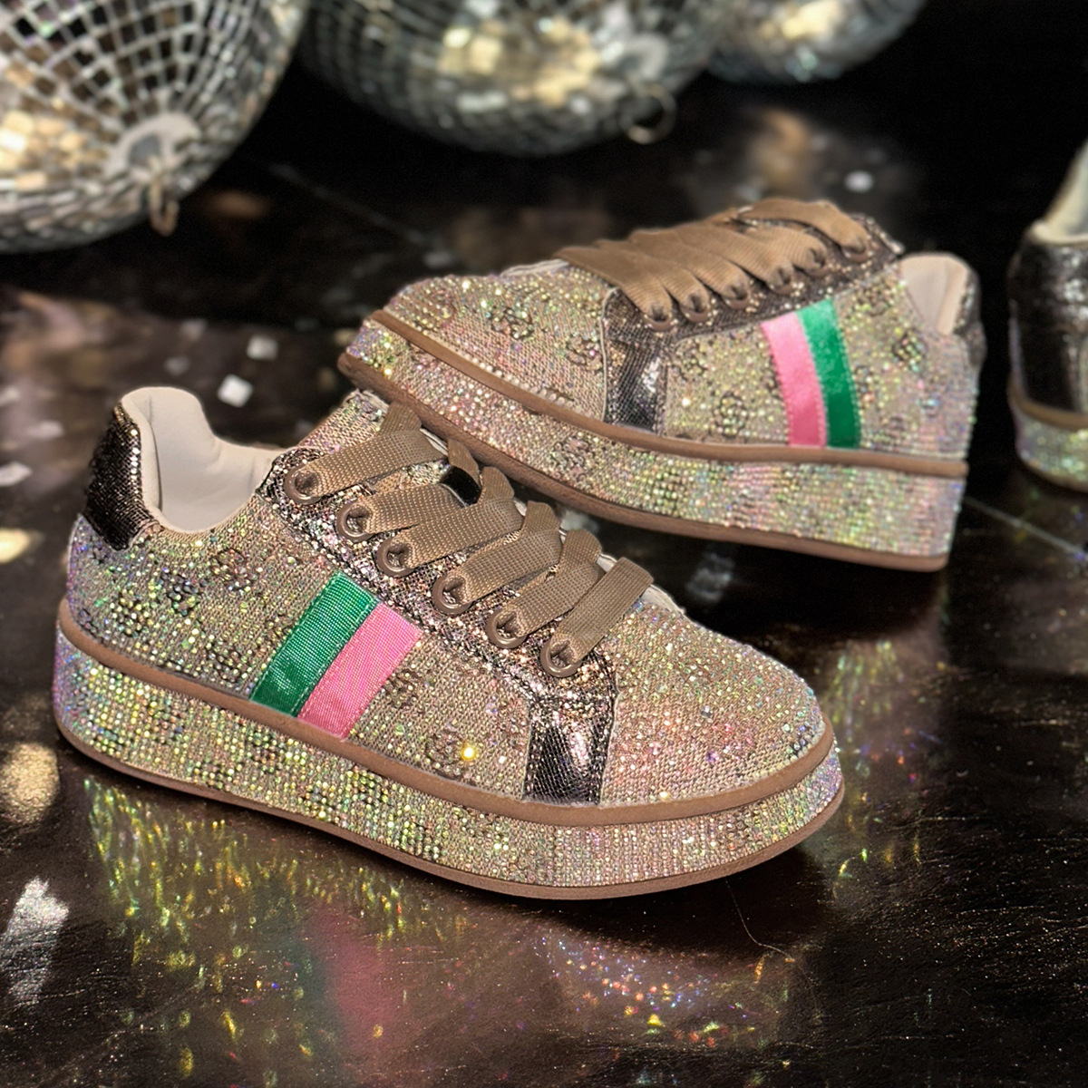 European-Style Starry Sky Rhinestone Casual Women's Shoes, New Autumn Trendy Personality Color-Blocking Rainbow Design Sneakers