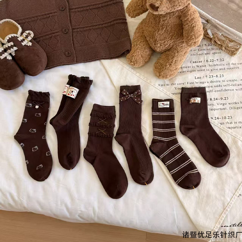 Brown Combination Slouch Socks Women's Accessories Bowknot Seamless Mid-Calf Socks Ins Style Korean Chestnut Girl's Autumn and Winter Brown Combination Slouch Socks Women's Accessories Bowknot Seamless Mid-Calf Socks Ins Style Korean Chestnut Girl's Autumn and Winter