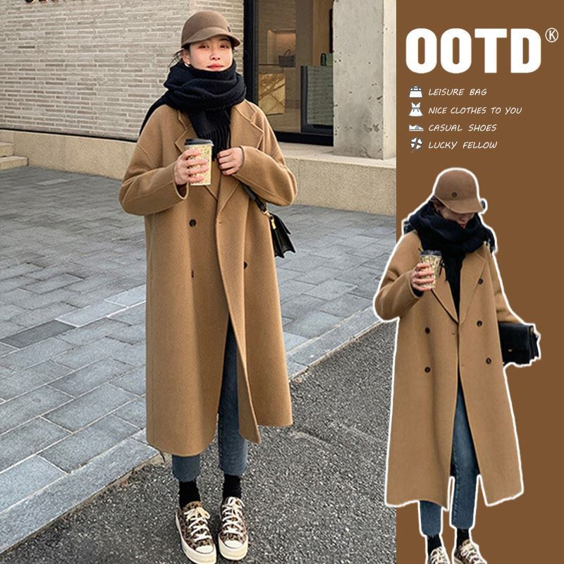 Camel long demi-season elegant elite woolen coat