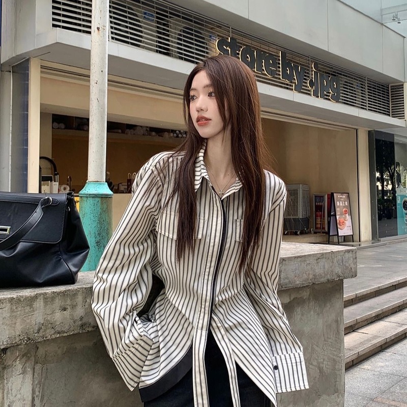 法式复古小众设计感黑白竖条纹长袖衬衫女2025春秋季别致收腰上衣|undefined