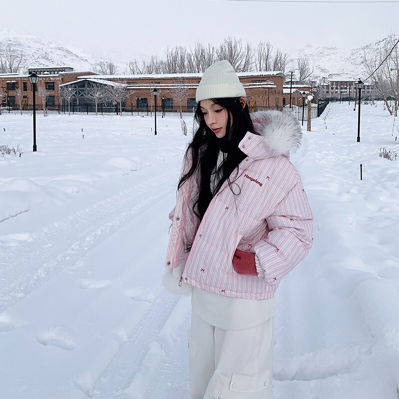 条纹印花加厚保暖棉服外套女2025春季新款韩系甜美毛毛翻领棉衣潮|undefined