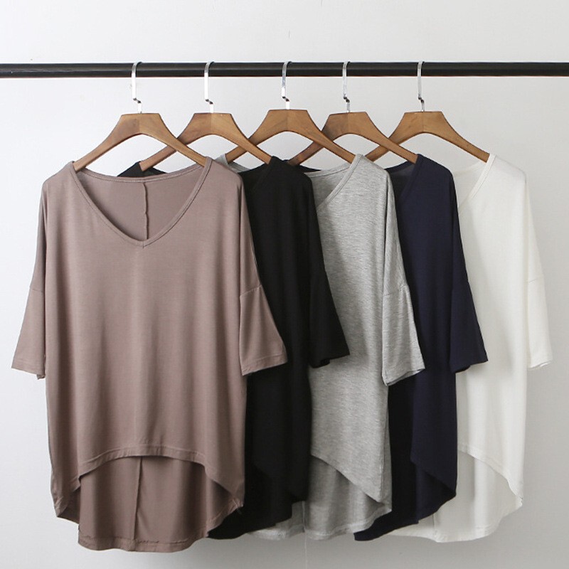 Modal Loose Half Sleeve T-shirt Women's Explained Large Size Thin V-neck Base Shirt Slimming Half Sleeve Top
