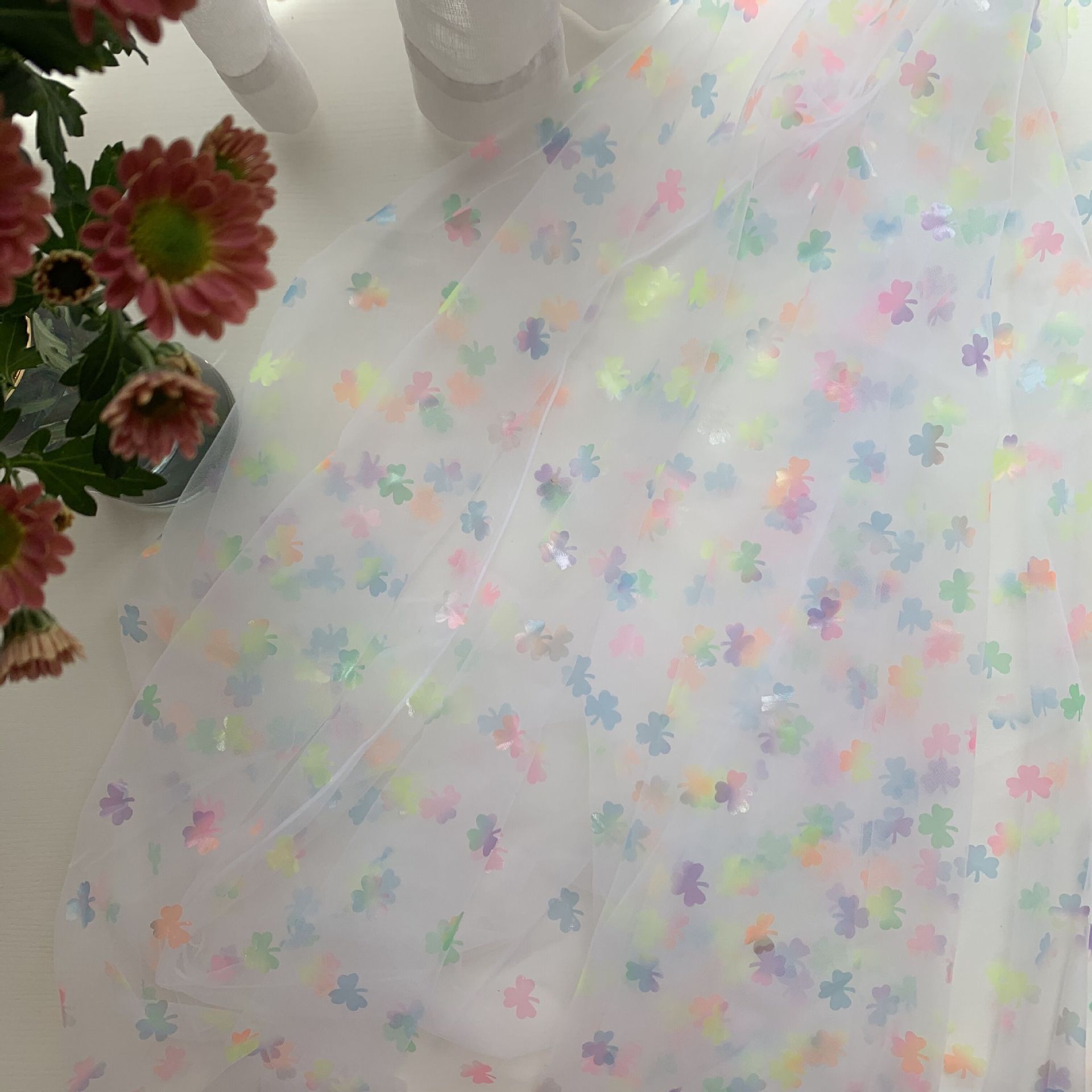 Paño de malla Procesamiento de belleza especial película de color dorado pequeña flor malla de lunares ropa para niños Hanfu Lolita mantel tela de hilo