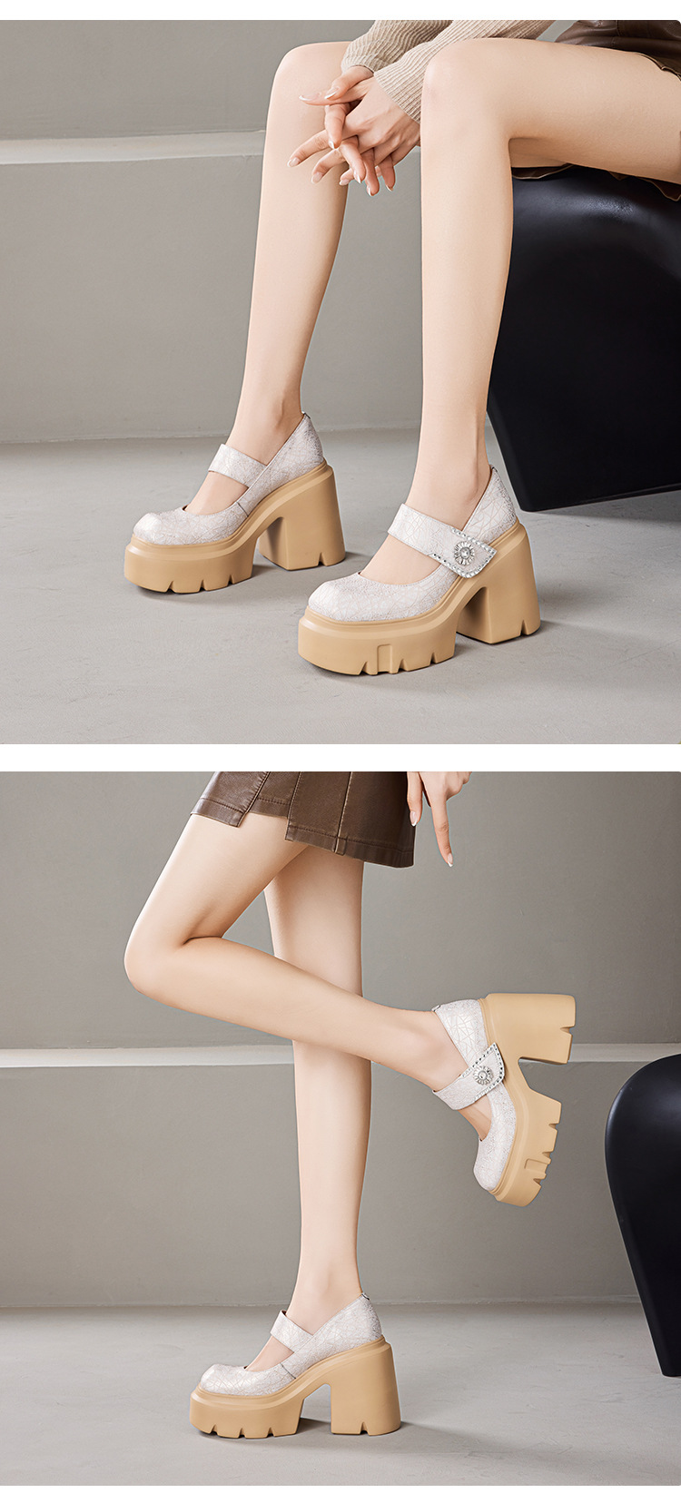 Giày Mary Jane nữ da thật gót cao 12 cm đế dày phong cách Pháp — màu đen chi tiết 3
