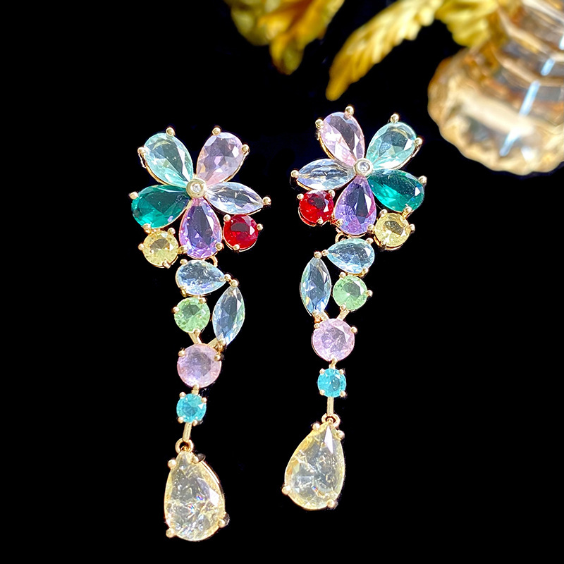 22g Weight Zircon Inlay Material Drop Earrings Classification 1 Pair Exaggerated Flower Inlay 925 Sterling Silver Copper Zircon Drop Earrings