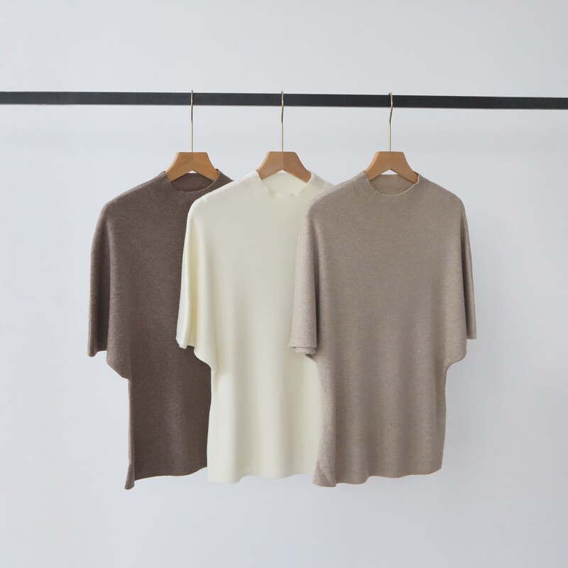 Wool Blend Knit Sweater for Women, Short Sleeve, Early Autumn New Style, Semi-High Collar, Korean Style, Simple Commuting Versatile Top