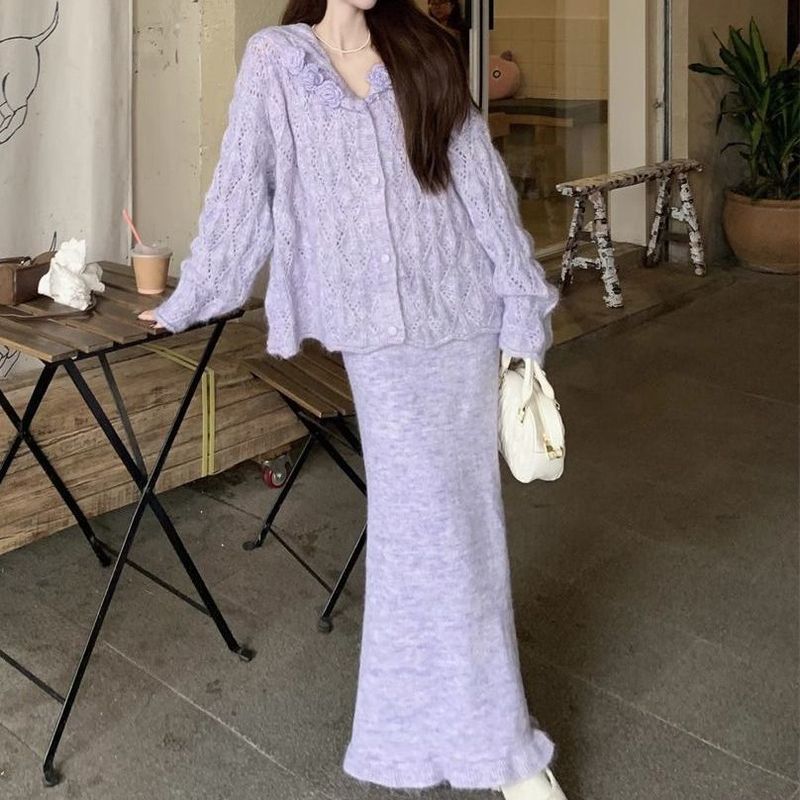 温柔风套装女春秋甜美立体花朵海军领针织开衫毛衣半身长裙两件套|undefined