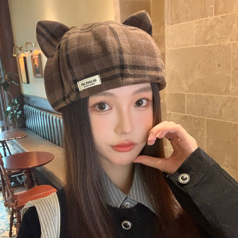 复古格纹猫耳朵贝雷帽子女春秋显脸小百搭毛呢画家帽保暖南瓜帽|undefined