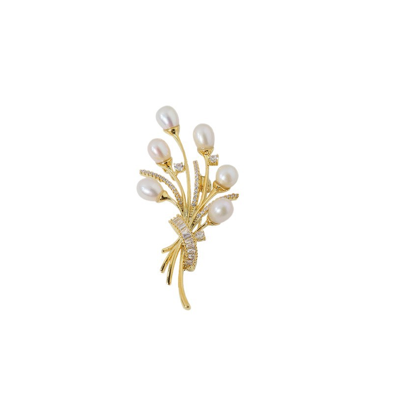 Elegante temperamento perla de agua dulce bronce pectoral abrigo accesorios de vestido Zircon incrustado de alta calidad pin ramo joyas para mujeres image 5