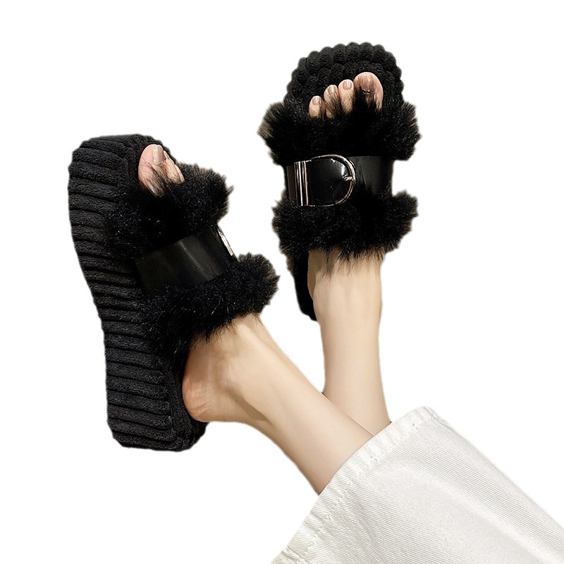 Estilo coreano de moda retro zapatillas de felpa zapatos de mujer 2023 principios de otoño nueva celebridad de Internet casual plataforma de felpa chanclas