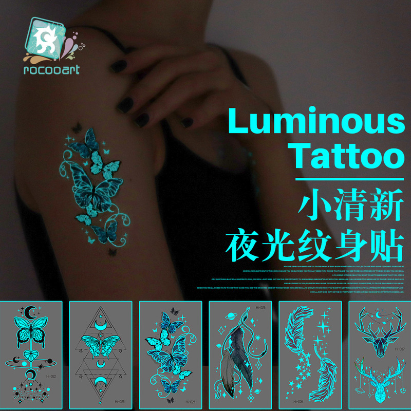 New Cross-Border Blue Waterproof Luminous Tattoo Stickers for Music Festivals and Parties, Glowing Snake and Butterfly Face Stickers Tattoo