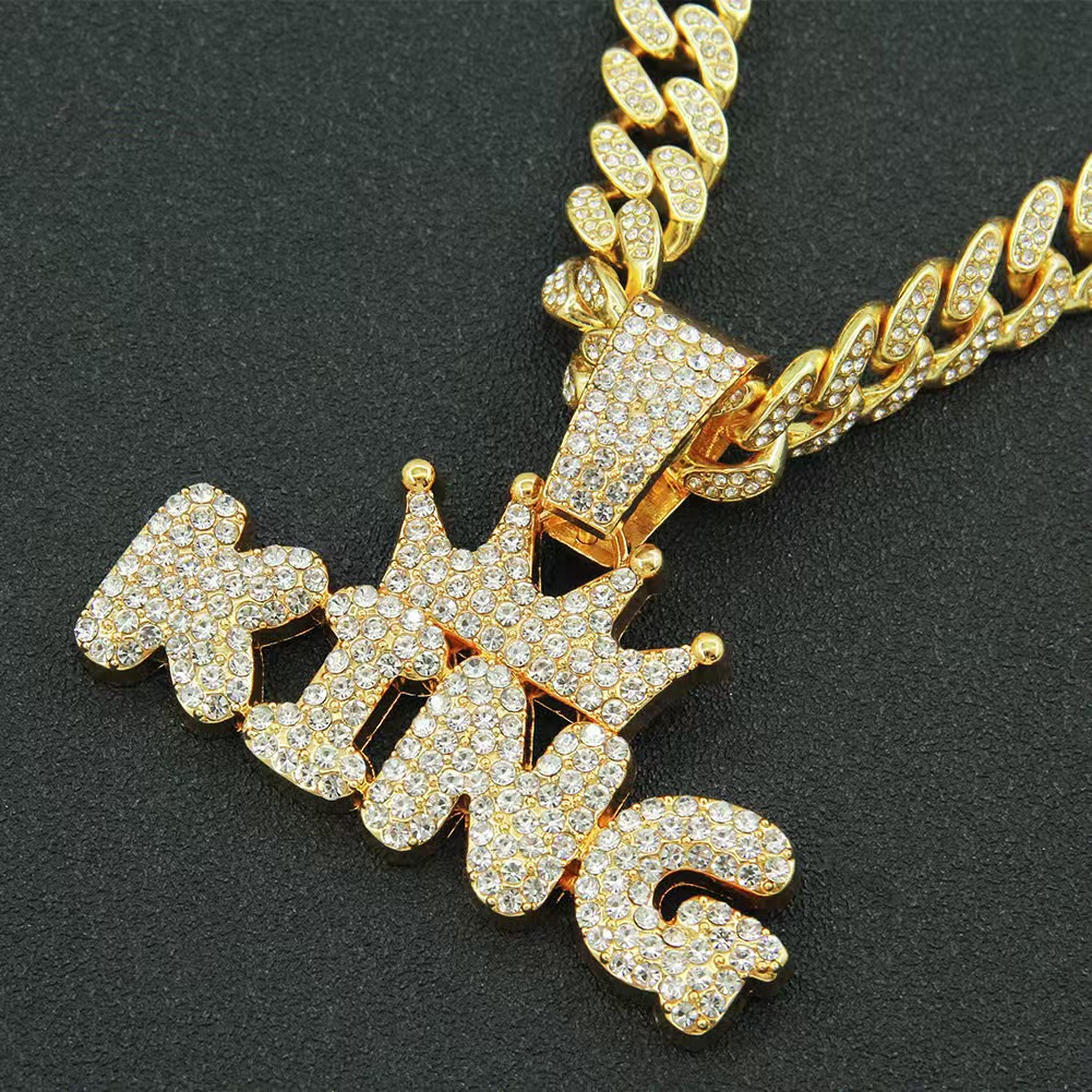 Lina Girl Cross-Border European American Hip-Hop Letter KING Full Diamond Pendant Cuban Chain Men's And Women's Necklace Jewelry_voghion.com