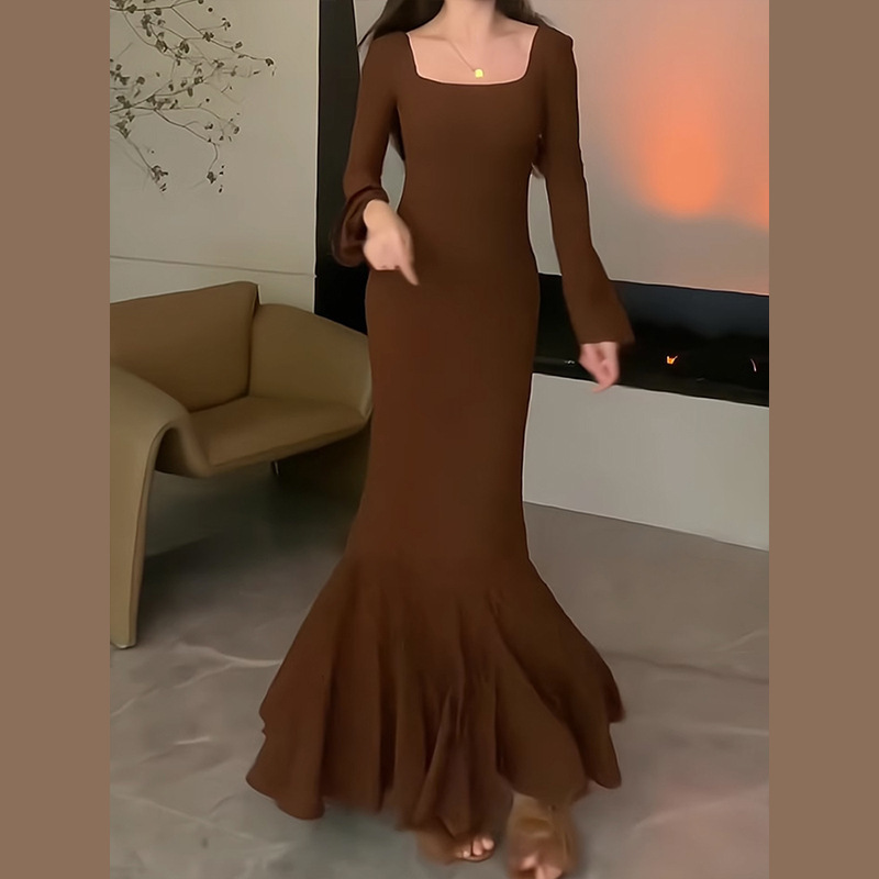 秋季女2025新款流行爆款漂亮步步生莲黑色鱼尾连衣裙子穿搭长裙|undefined